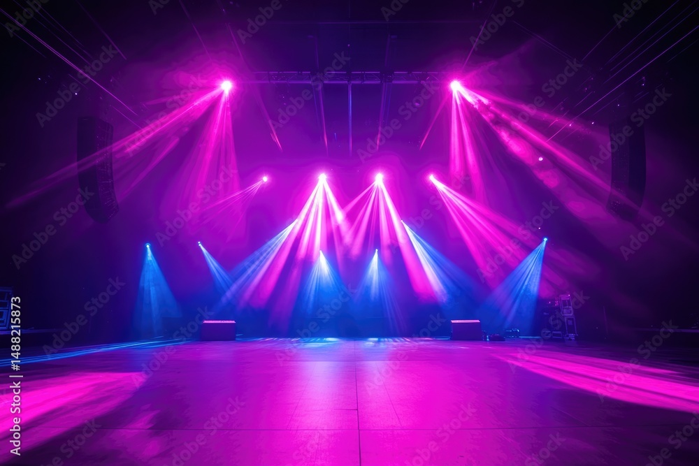 Poster stage illuminated with vibrant pink and blue lights creating a dynamic and visually striking atmosph
