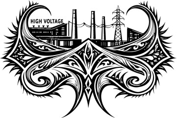SVG illustrating electrical safety and energy protection. Artistic Black and White Design with High Voltage Power Elements