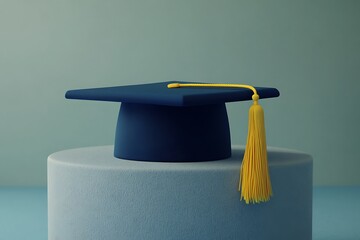 Graduation Cap with Yellow Tassel on Display Stand. Studio Shot, Minimalist Style