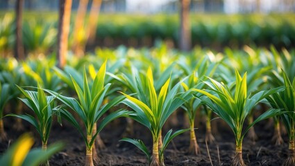 Oil palm nursery seedlings featuring bifid leaves.