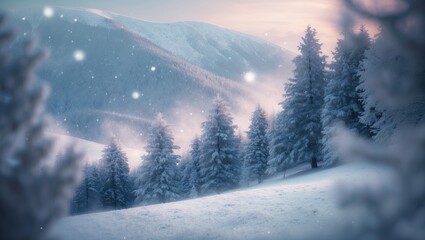Winter wonderland scene showcasing towering mountains and snow-laden trees, designed as a greeting card with bokeh light effects and a soft filter.
