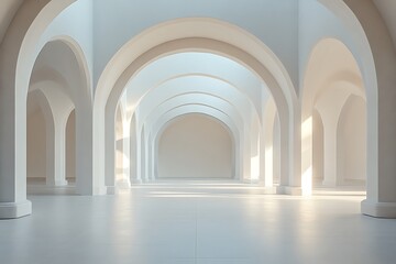 Fototapeta premium Bright and spacious interior featuring architectural arches and soft natural lighting