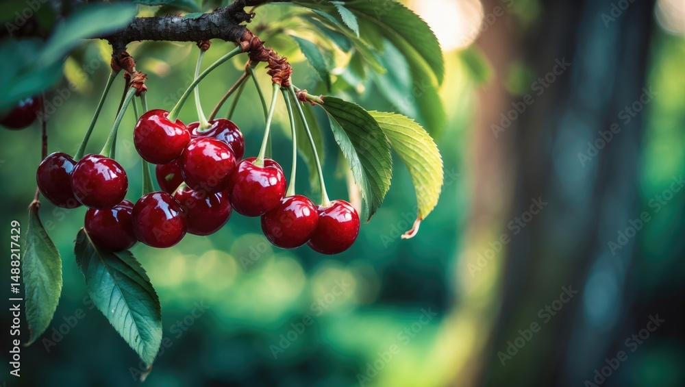 Poster red cherries dangling from a branch of a tree.