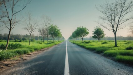 Fototapeta premium Clean Road Surrounded by Green Plants Landscape Background Wallpaper Design