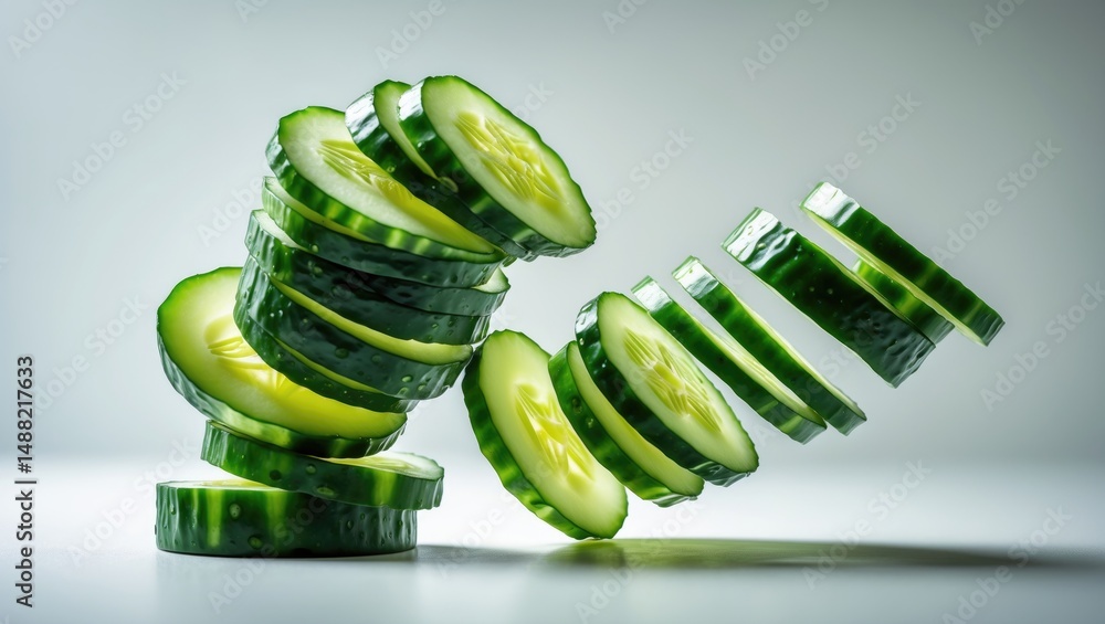 Poster Sliced cucumbers form an abstract design in space. Isolated on white