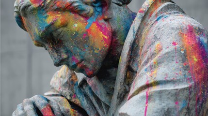 Obraz premium Gray Weathered Statue with Colorful Paint Splatter in Rain