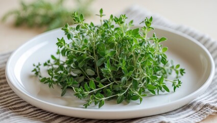 Thyme herb on the plate atop the tablecloth, close-up of herbal remedies and hipster spices