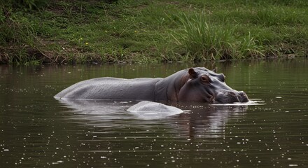 Hippopotamus swimming in a river wildlife photography of large african animal in water nature scene image on transparent background