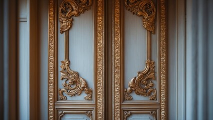 Refined doorway adorned with ornate golden wood designs