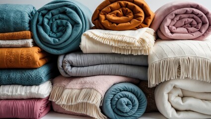Stacked and layered cozy blankets with textile textures