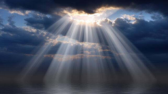 Sunlight streams powerfully through dark storm clouds above a calm sea, creating brilliant beams of light and dramatic reflections across the water surface.