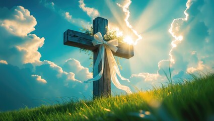 This striking scene with blue sky, brilliant clouds, sunbeams, and a large cross on a grassy hill is an outstanding choice for a banner cover in print or on the web.