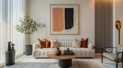 Obraz premium Interior of living room featuring stylish sofa, pillows, round table, plants, artwork