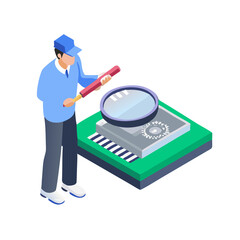 Technician inspecting circuit board with magnifying glass on white background