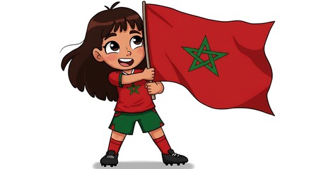 Cartoon child holding Morocco flag in red and green football uniform, smiling World Cup fan, African soccer illustration isolated on white background