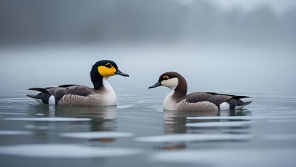 Fototapeta premium Male and female common goldeneyes glide into the fog emerging from the water.