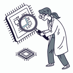 Woman scientist examining microchip with magnifying glass