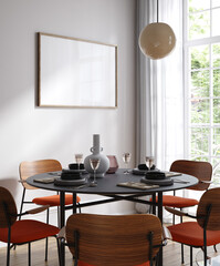 Frame mockup in home interior, cozy modern kitchen interior background, 3d render