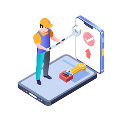 Technician uploading data to smartphone, clean cutout