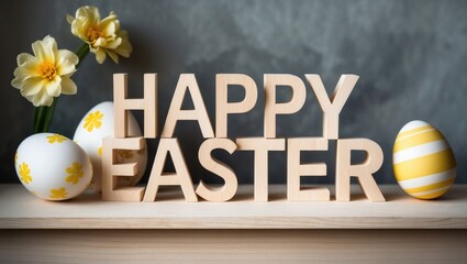 Easter Celebration Text on Wooden Surface with Handmade Decorative Eggs