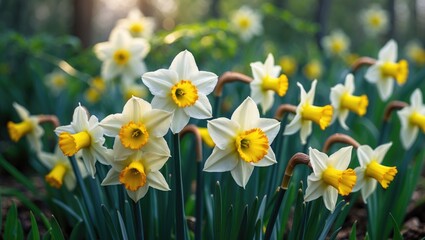 Blooming wild daffodil flowers: trumpet-shaped blooms of Amaryllidaceae perennial bulbous plants