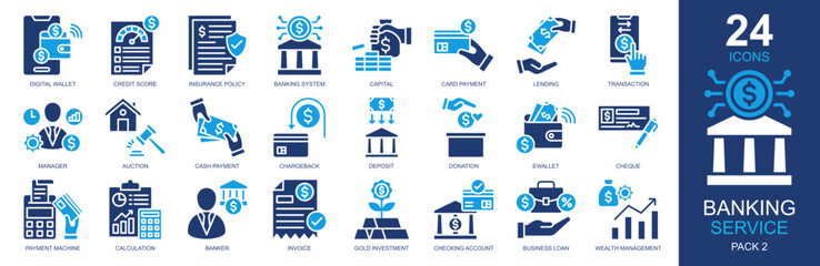Banking Service Icons set vector illustration. Containing digital wallet, credit score, banking system, transaction, wealth management and more. Simple solid icons collection.