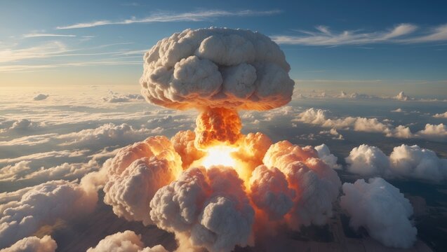 Nuclear blast. Atomic mushroom cloud detonation. Aerial perspective. Bomb armament. Picture image.