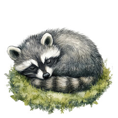 Obraz premium Sleeping Raccoon Curled on Green Moss Nest with Transparent Background Isolated Digital Art