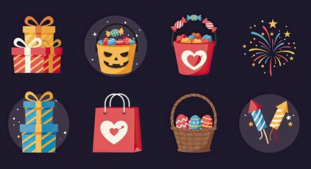 Obraz premium Colorful illustrations of gifts, candy, and festive elements on dark background.
