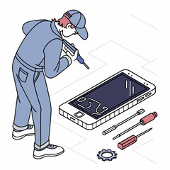 Technician repairing smartphone screen isometric illustration