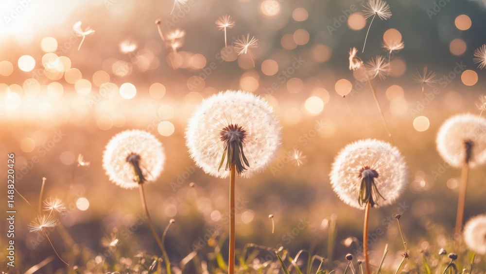 Poster bokeh effect on wildflowers under sunlight. background in peach fuzz blur