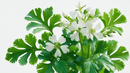 Fototapeta premium Close-up of a fresh green cilantro leaf blossom isolated on a white background