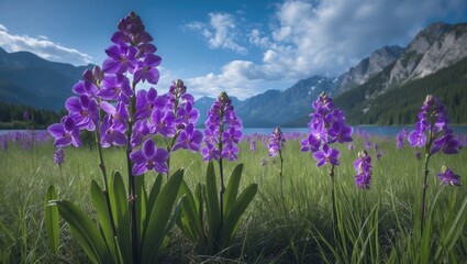 Fototapeta premium Beautiful wild purple marsh orchids thriving in a meadow surrounding an alpine lake in Italy