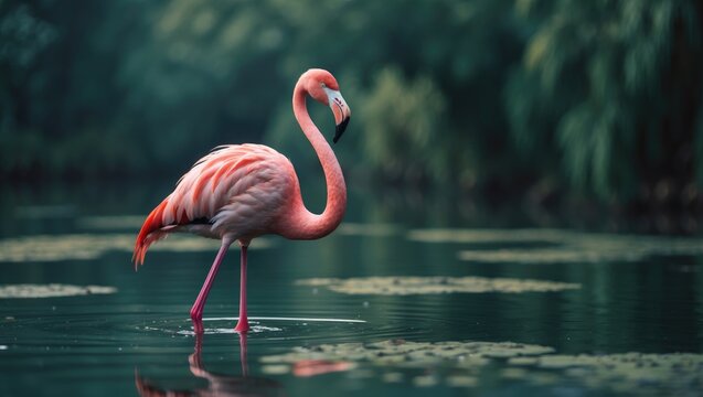 Pink flamingo poised in pond water