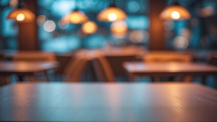 Blurred cafe and restaurant with wood table top background.
