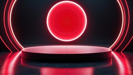 Neon red circular background featuring a cylindrical platform
