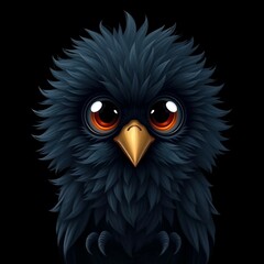 Fototapeta premium Süßer, flauschiger Rabe mit riesigen Augen auf schwarzem Hintergrund. Charmanter Tier-Charakter im niedlichen Cartoon-Stil.