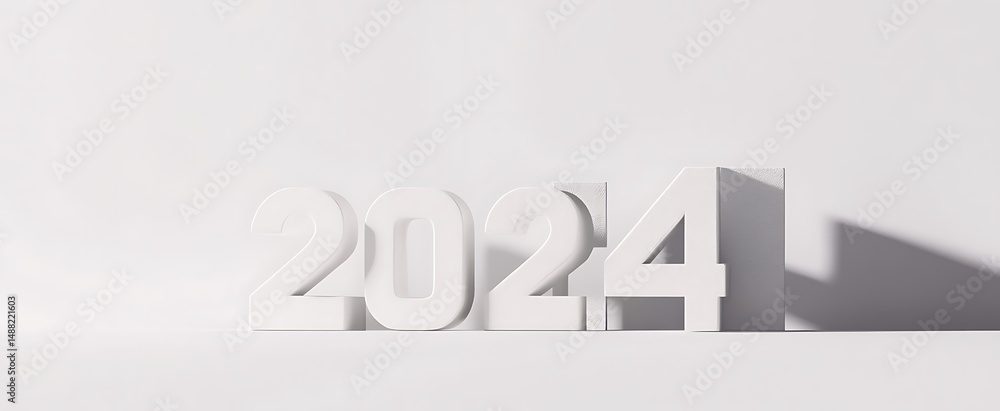 Poster minimalist white 2024 number blocks on a clean surface with soft shadows design