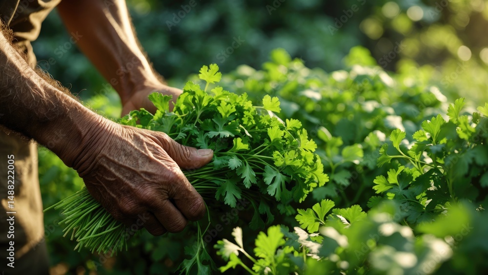 Poster gardener's hands gather parsley crop in the garden. farming tasks. collection and nutritious organic