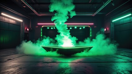 Vibrant Electric Smoke and Neon Laser Triangle Podium in a Futuristic Showroom with Green Lights and Concrete for a Sci-Fi Dark Night Club Dance Photo