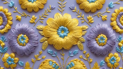 Vibrant floral embroidery design featuring yellow and purple flowers on a soft lavender background