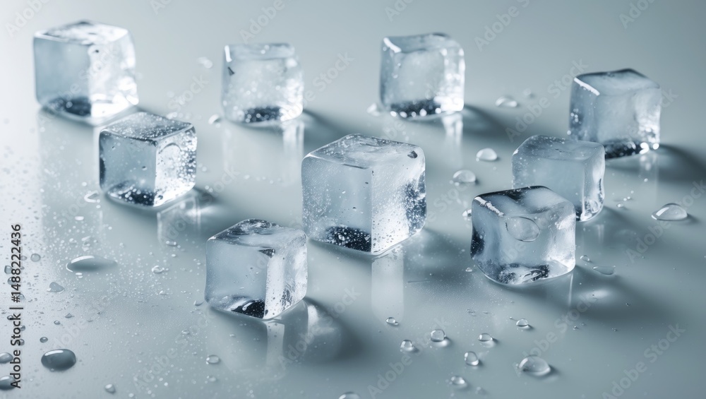 Poster icy solid cubes with a blue hue on a flat surface, perfect for refreshment or product display