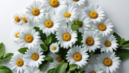 Obraz premium Chamomile flowers and mint leaves arrangement isolated on background for packaging design element.