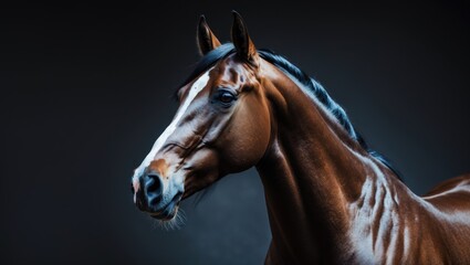 Fototapeta premium Stunning horse head set against a dark backdrop.