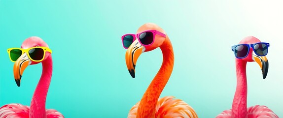 Vibrant digital artwork of three stylized flamingos on teal-to-light blue gradient background. Flamingos in pink and orange-yellow wear colorful oversized sunglasses, playful and bold.

