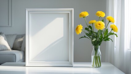 Home interior adorned with decor items. Mockup including a frame and flowers in a vase set on a light surface