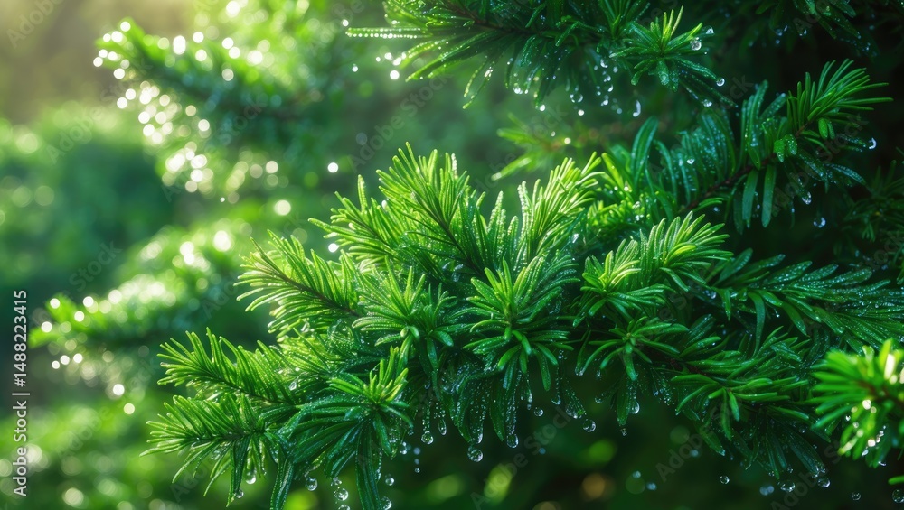 Poster a lively dewy cedar tree adorned with fresh green needles, sparkling in the light.