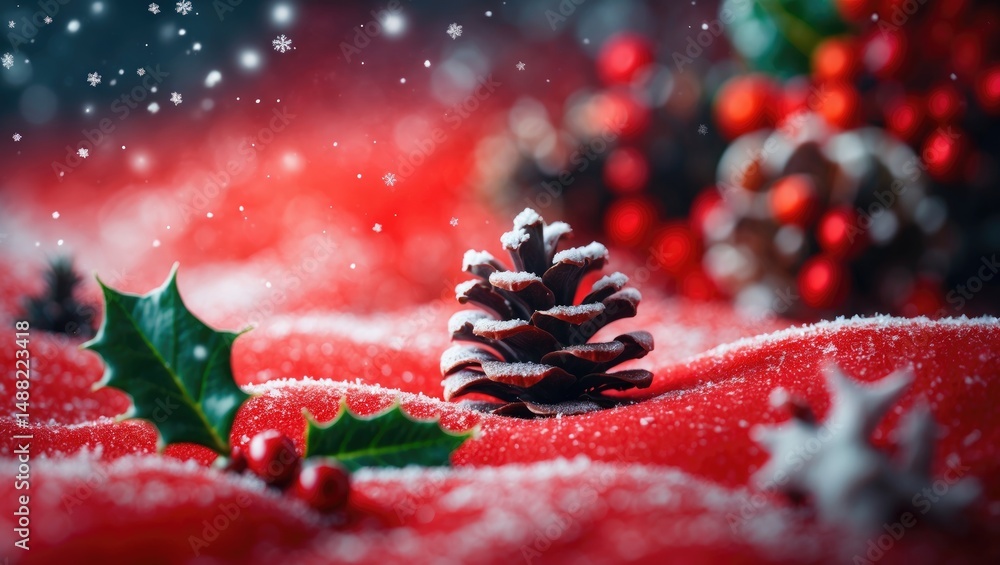 Poster red background with snow. winter christmas design featuring snow. blurred backdrop.