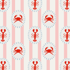 Vintage Mediterranean  seamless pattern with crabs and lobsters in circular frames on Stripes. Coastal summer marine print for fabric, wrapping paper, and beach decor.