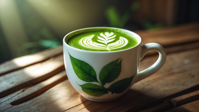 Elegant green tea latte featuring a detailed pattern in a white cup on wooden table